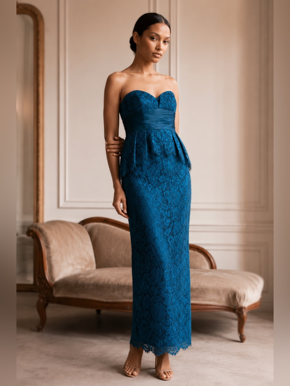 NWTs (accidentally purchased 8/2026) Strapless Teal Lace Peplum Evening Dress